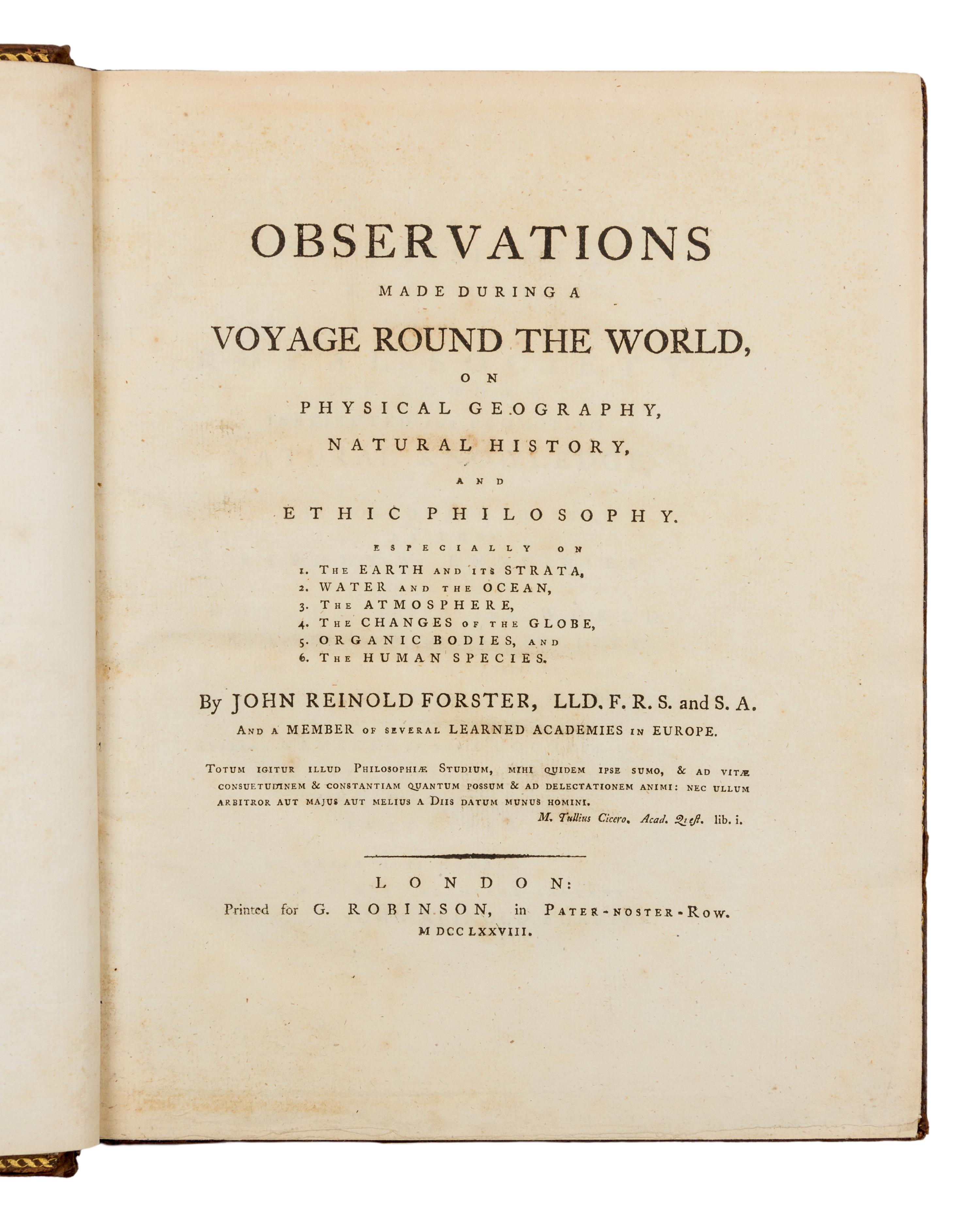FORSTER, John Reinhold (1729-1798). Observations made during a Voyage Round the World. London, 1778. FIRST EDITION.