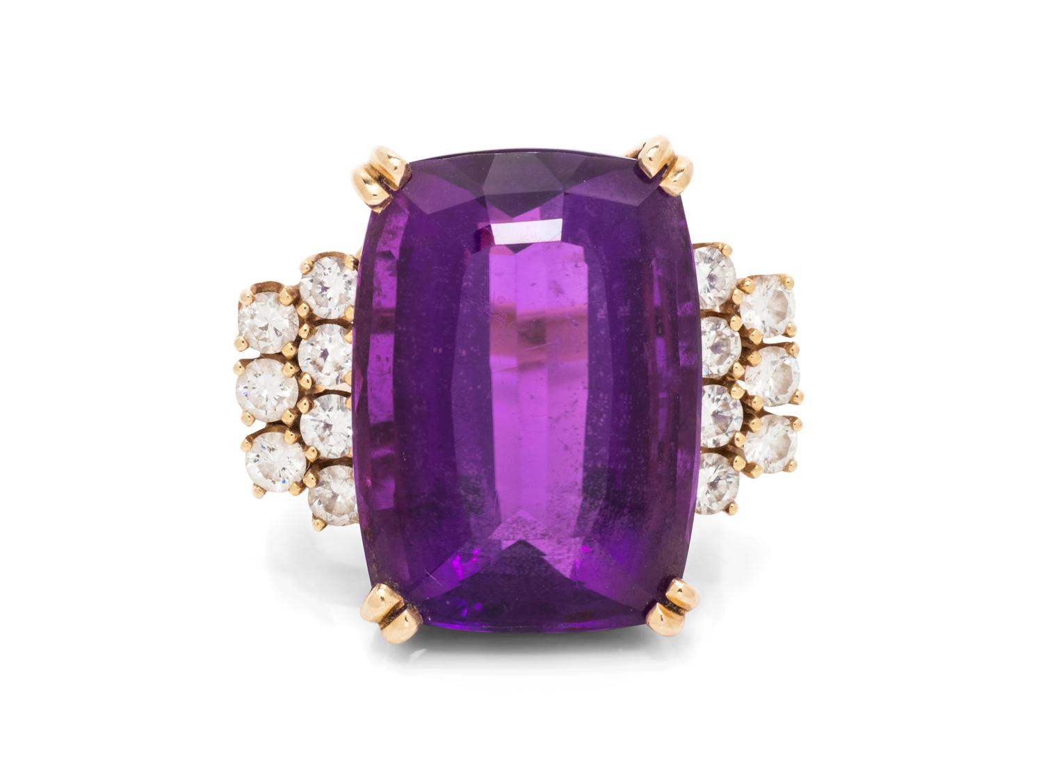A 14 Karat Yellow Gold, Amethyst and Diamond Ring,