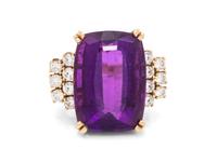 A 14 Karat Yellow Gold, Amethyst and Diamond Ring,
