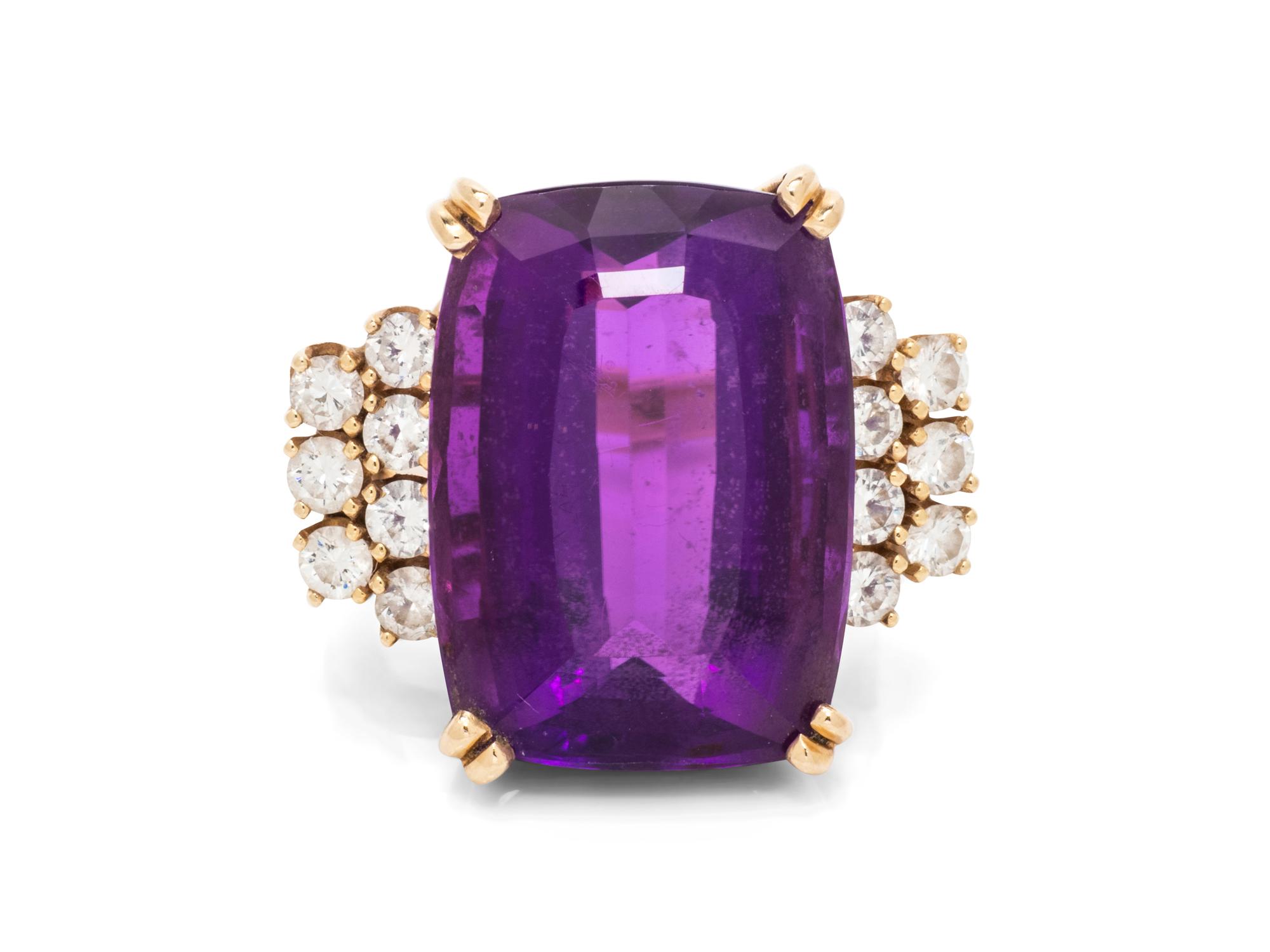 A 14 Karat Yellow Gold, Amethyst and Diamond Ring,