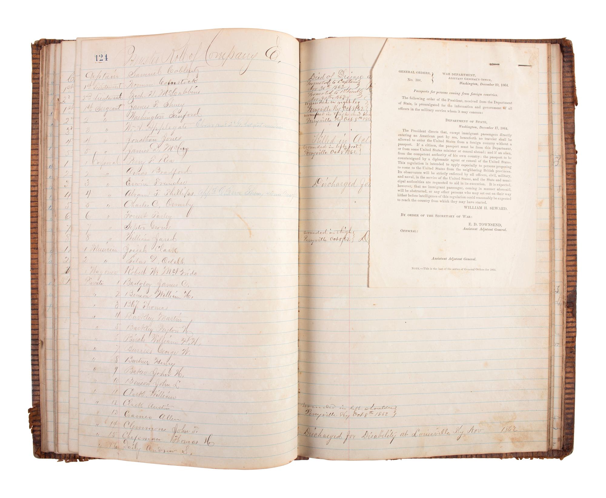 A collection of items identified to Lieutenant Colonel Jonathan Biggs, 123rd Illinois Infantry, “Wilder’s Brigade,” highlighted by bullet-struck frock coat and vest worn during the assault on Selma, Alabama. 2 April 1865.