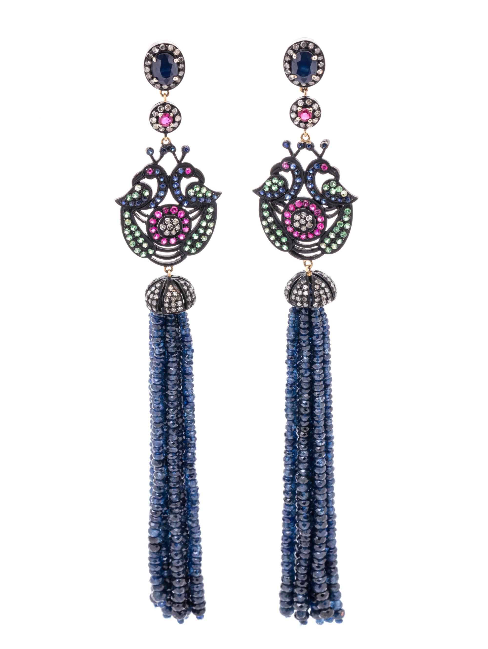 MULTIGEM AND DIAMOND TASSEL EARRINGS