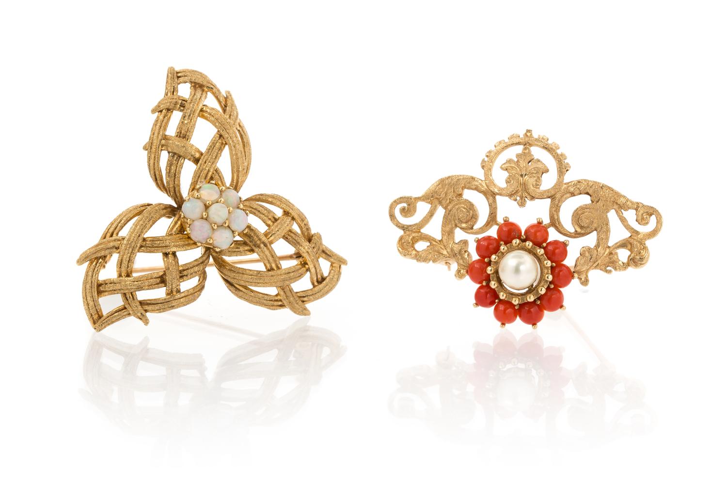 A Collection of 14 Karat Yellow Gold, Coral, Opal and Cultured Pearl Brooches, 14.60 dwts.