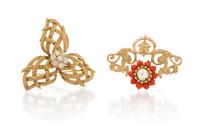 A Collection of 14 Karat Yellow Gold, Coral, Opal and Cultured Pearl Brooches, 14.60 dwts.
