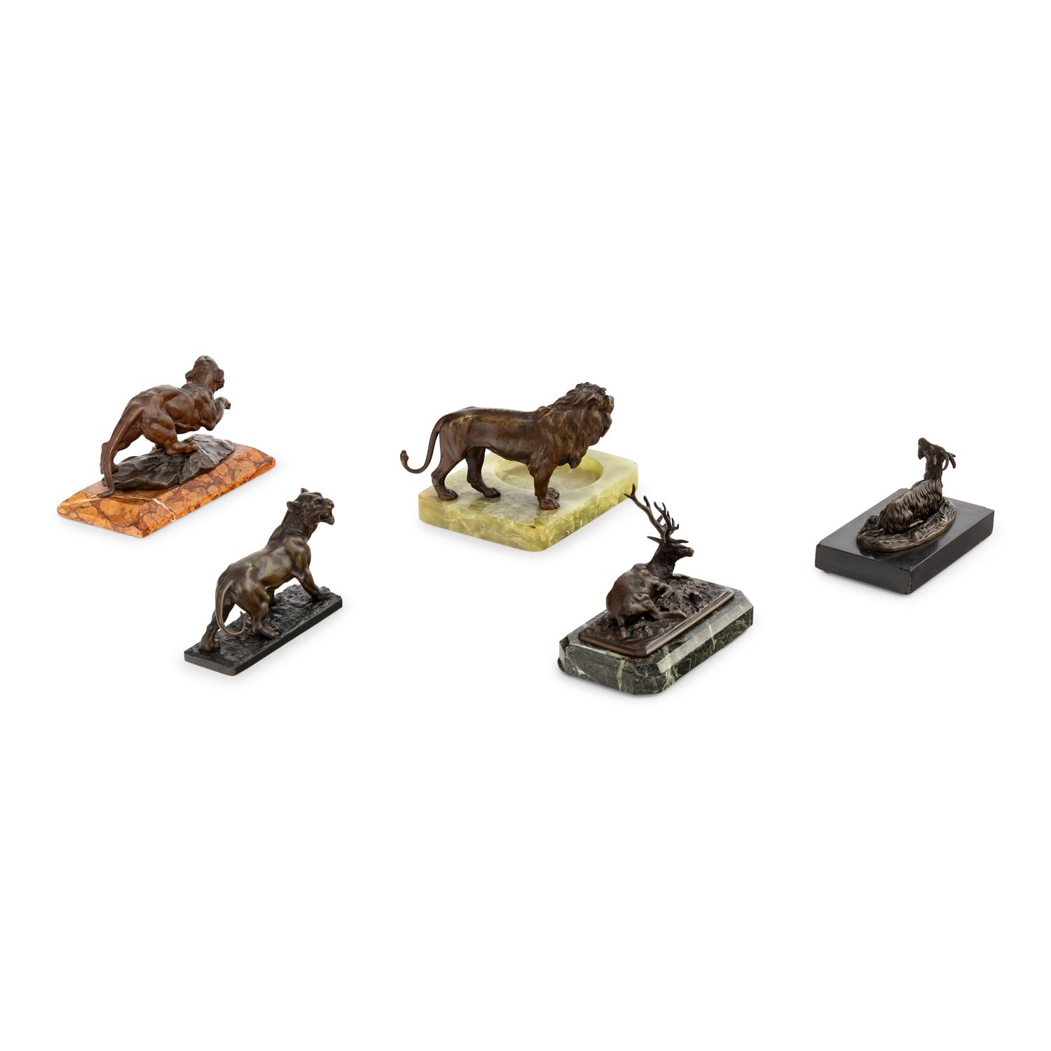 A Group of Five Cast and Patinated Bronze Animalier Figures