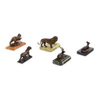 A Group of Five Cast and Patinated Bronze Animalier Figures
