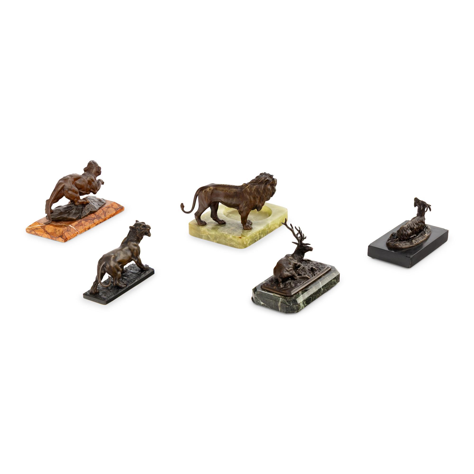 A Group of Five Cast and Patinated Bronze Animalier Figures