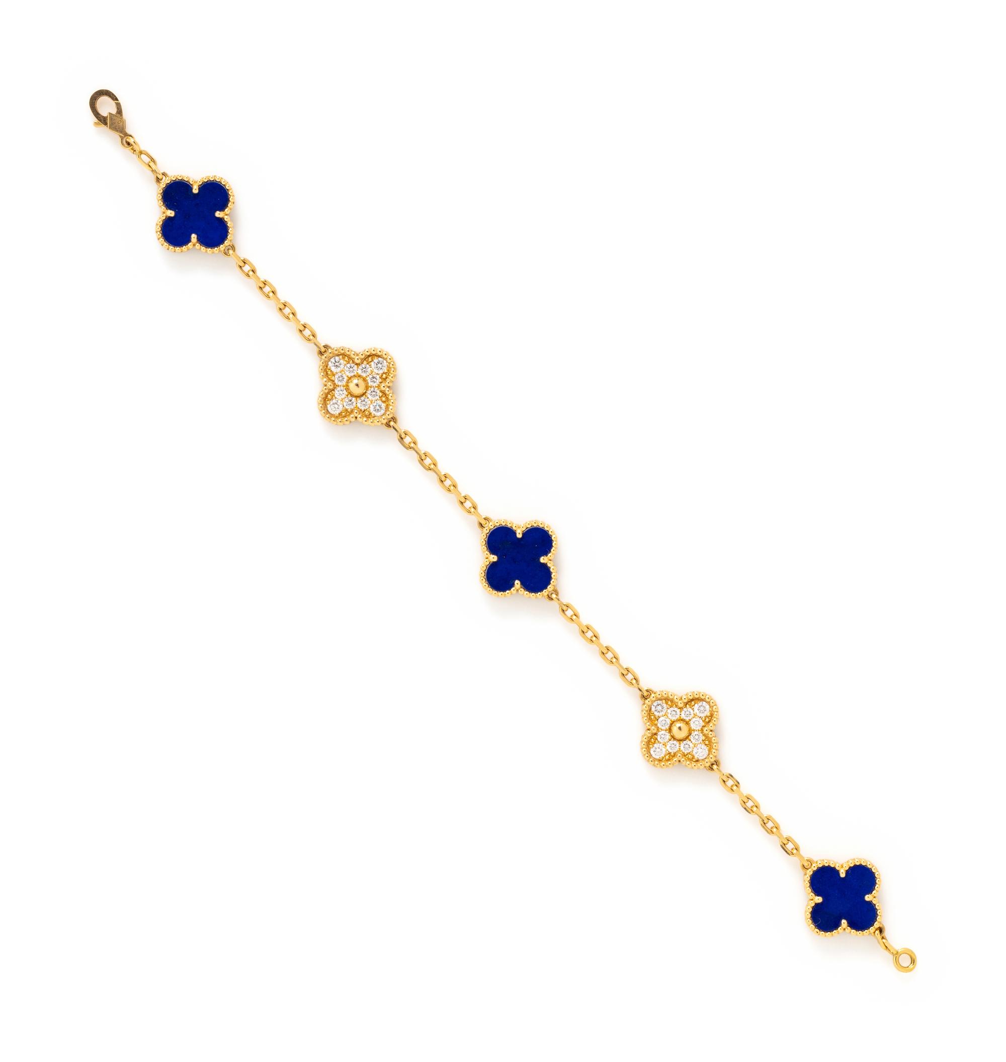 VAN CLEEF AND ARPELS, YELLOW GOLD, LAPIS LAZULI AND DIAMOND 'VINTAGE ALHAMBRA' BRACELET
