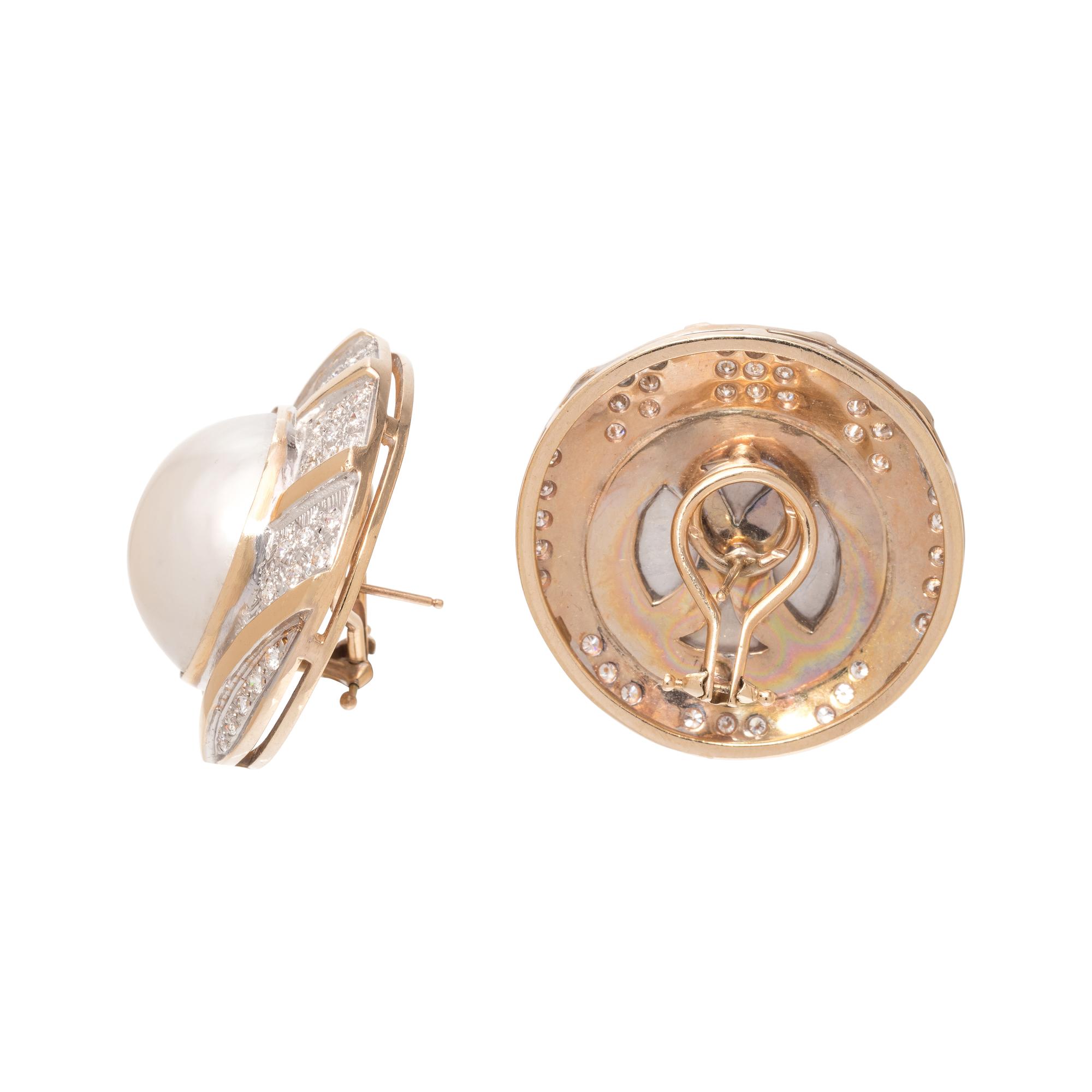 CULTURED MABE PEARL AND DIAMOND EARCLIPS