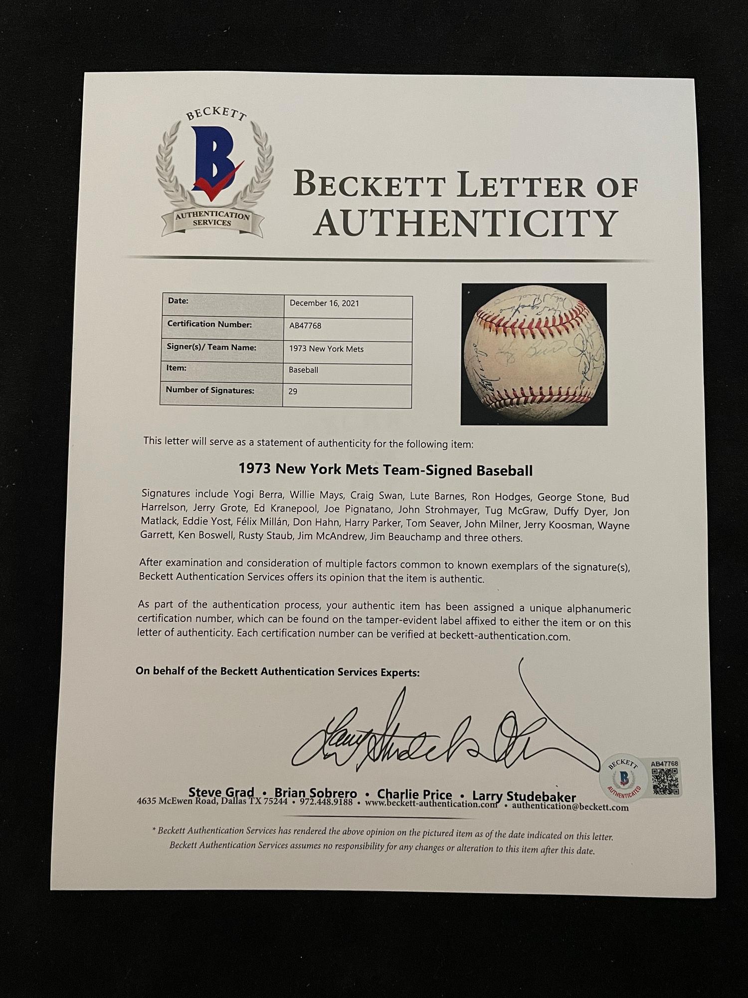 A 1973 New York Mets Team Signed Autograph Baseball (Willie Mays' Last Season, Beckett Authentication Services Letter BAS Certified)