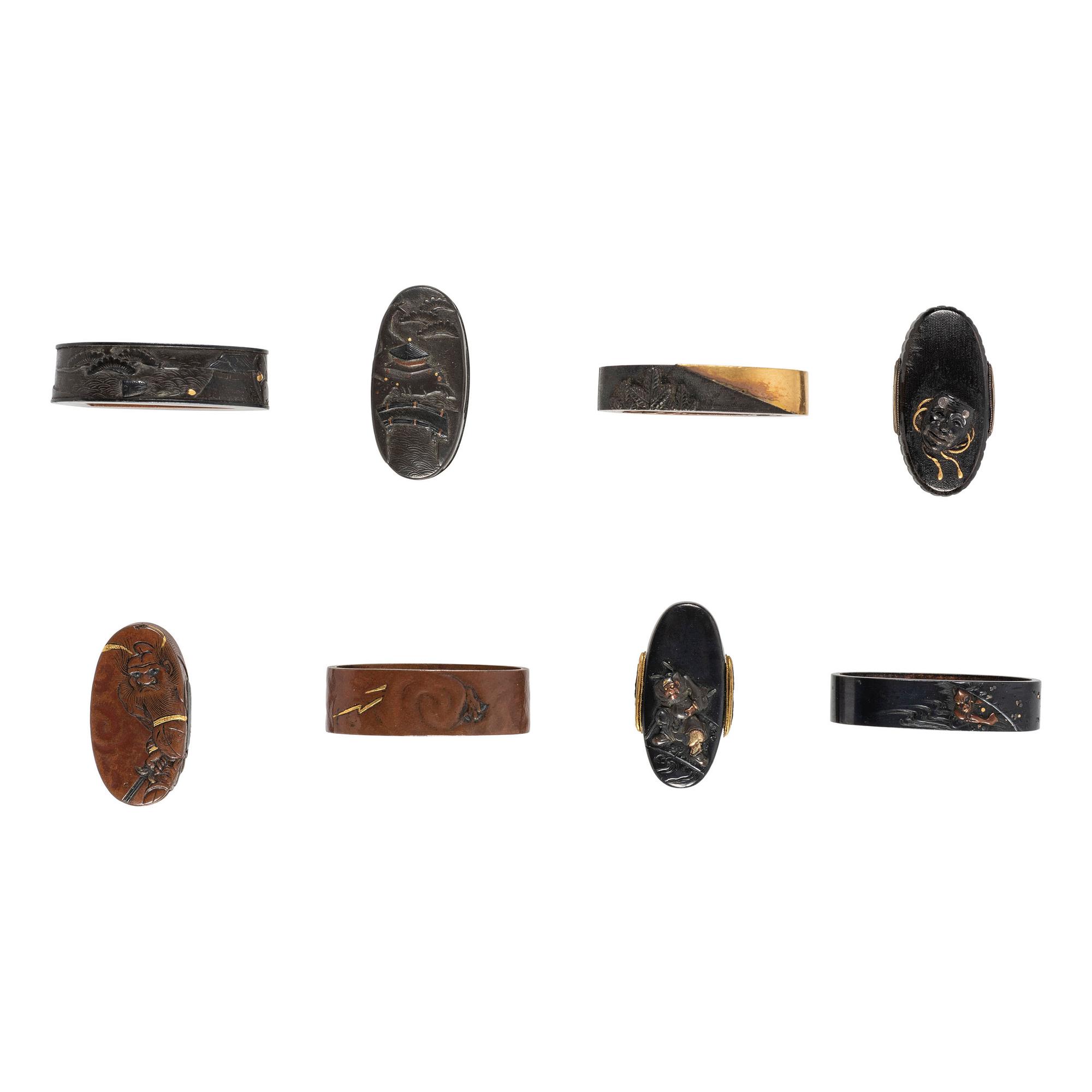 Lot of Four Fuchi and Kashira Sets with Shoki and Oni Motifs