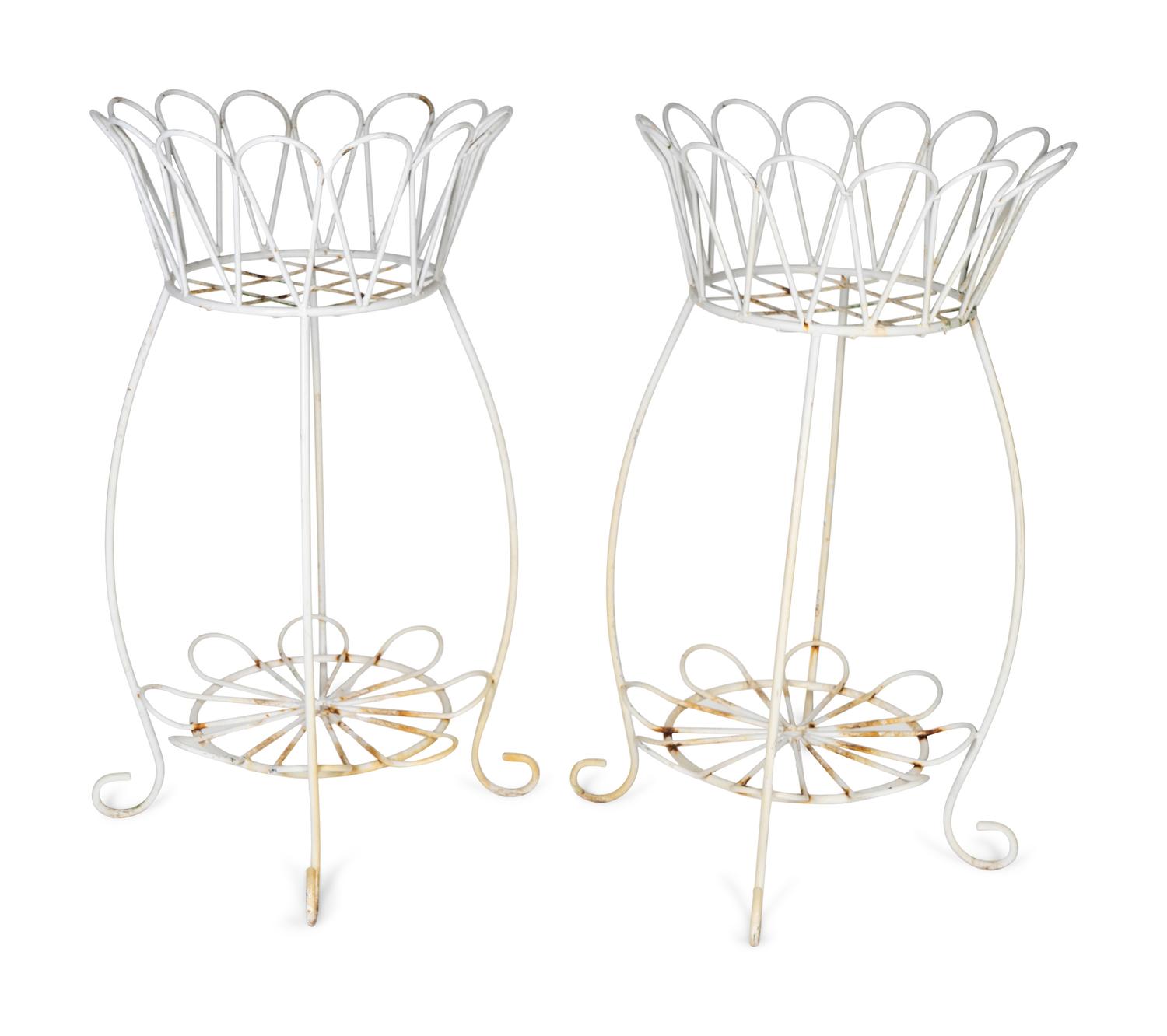A Pair of White Painted Iron Wirework Plant Stands — 20TH CENTURY