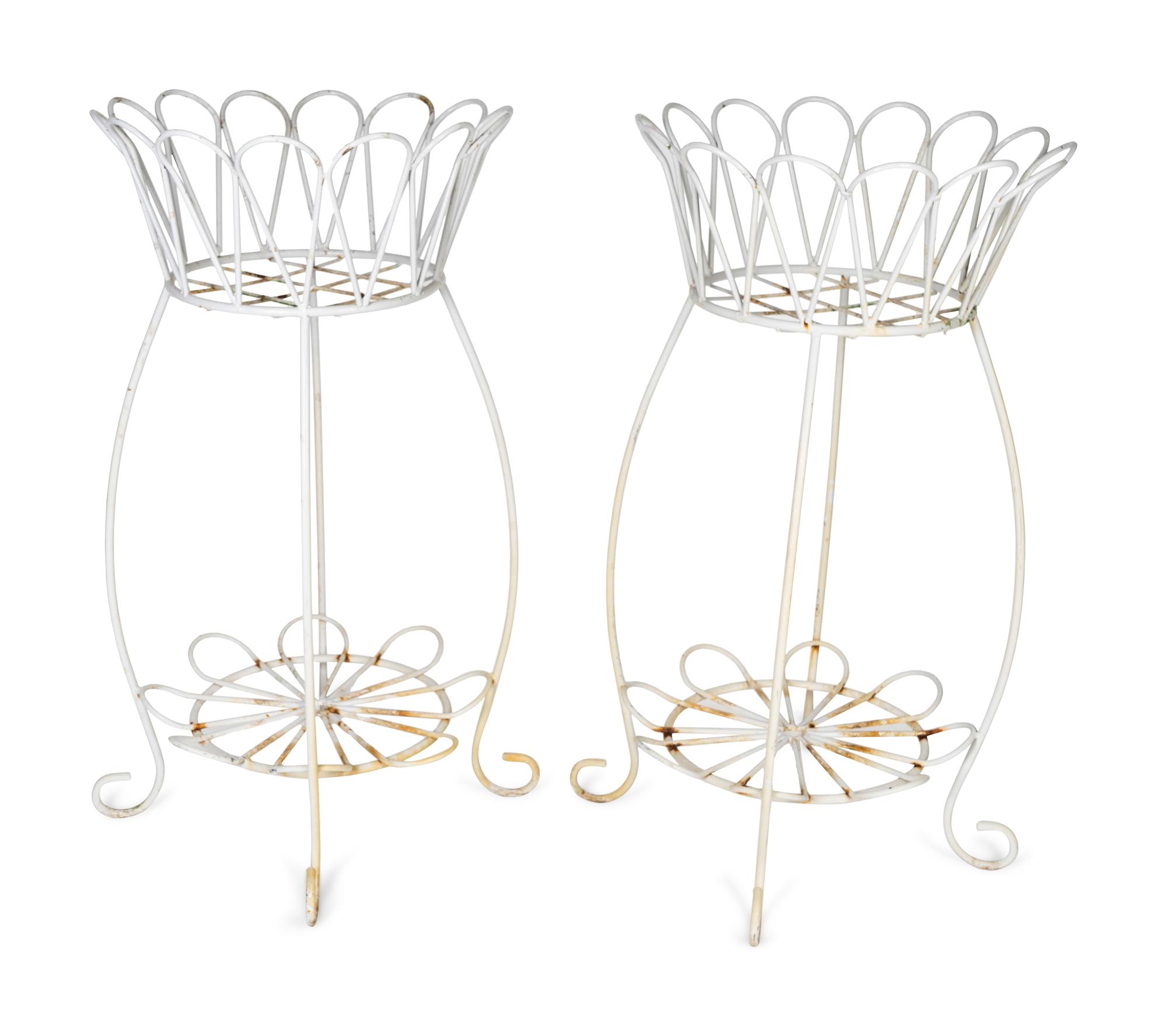 A Pair of White Painted Iron Wirework Plant Stands — 20TH CENTURY