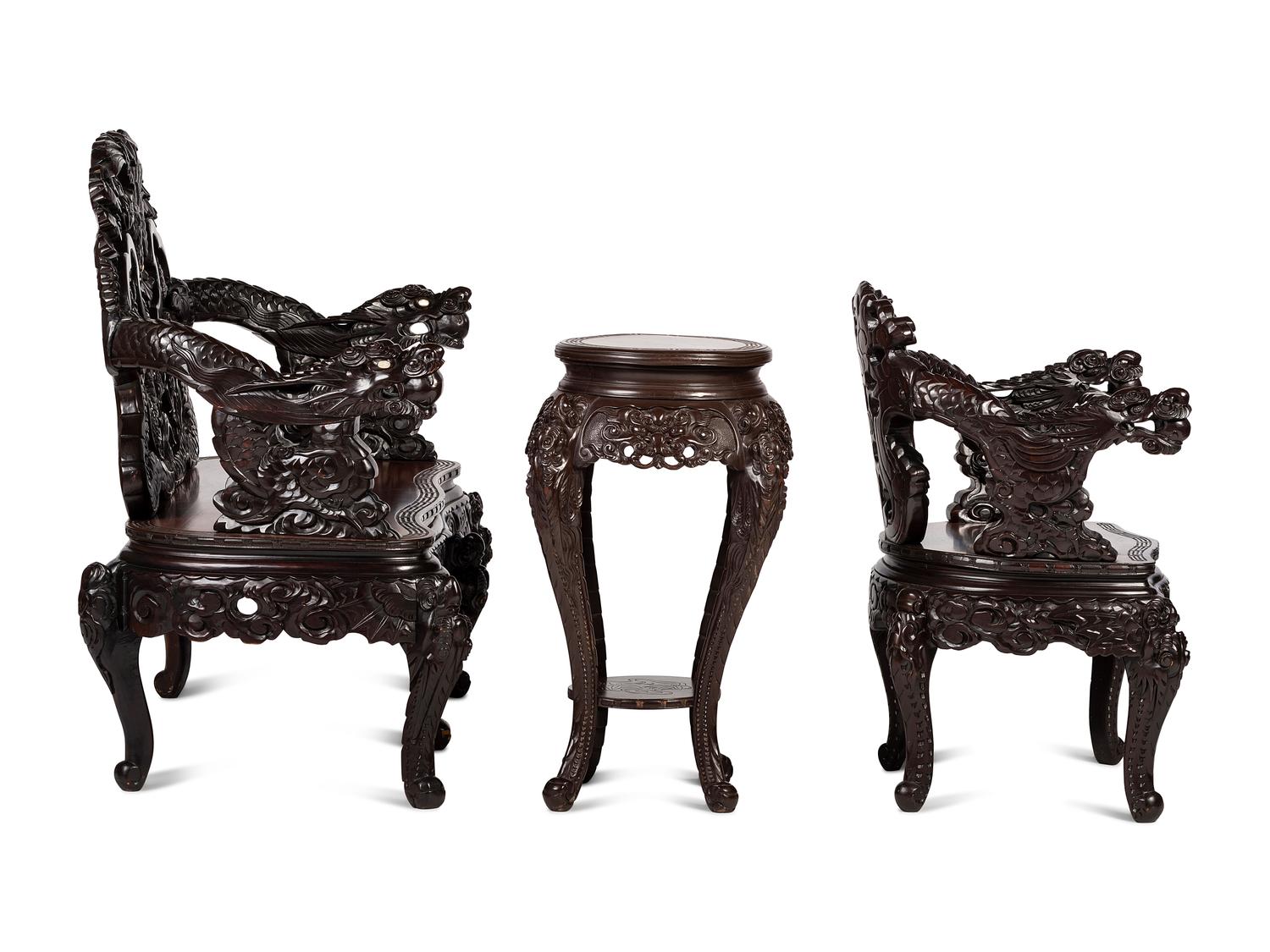A Japanese Carved Hardwood Armchair, Settee and Marble Inset Stand