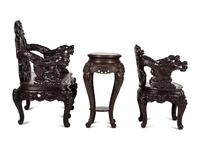 A Japanese Carved Hardwood Armchair, Settee and Marble Inset Stand