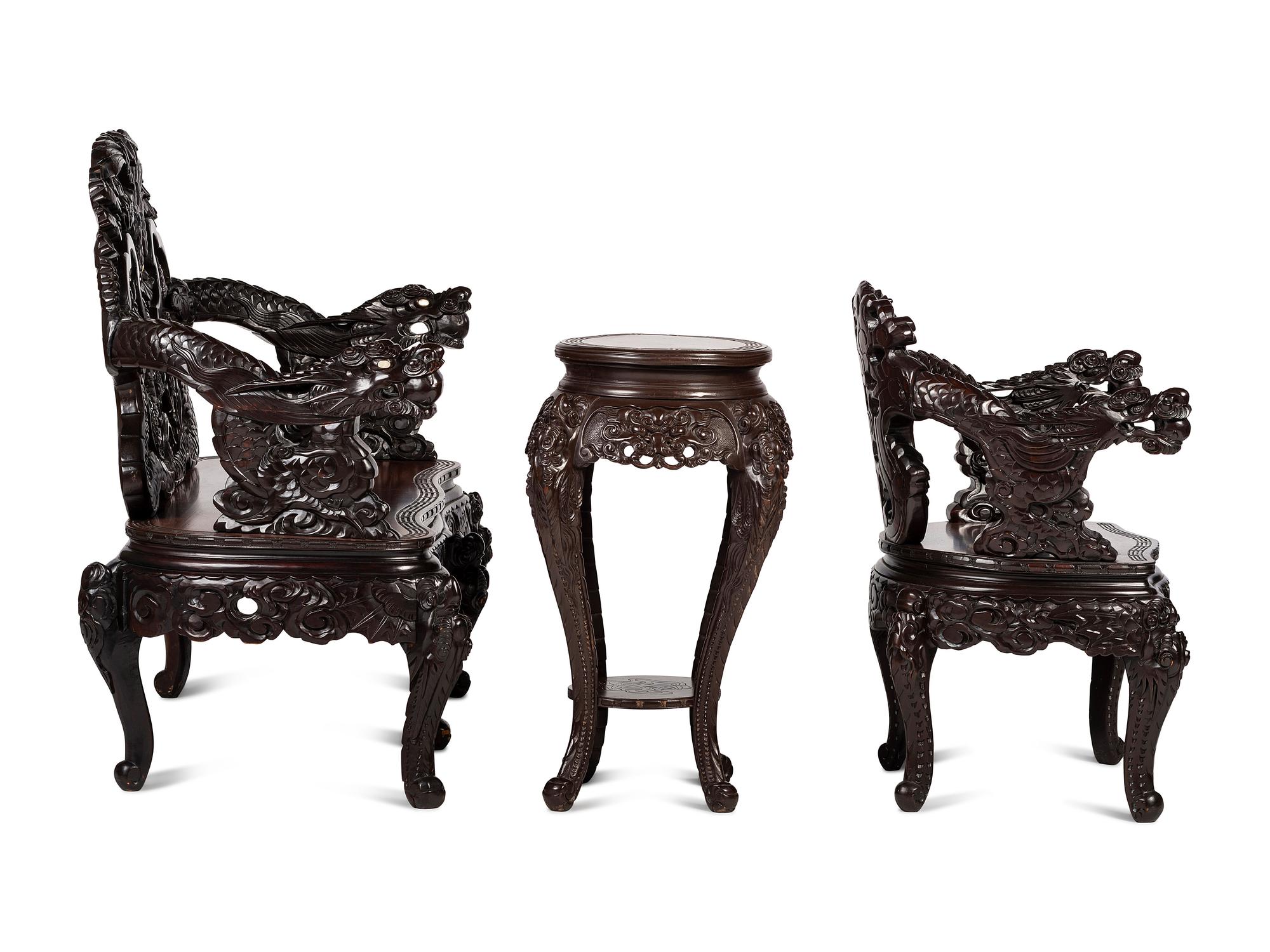 A Japanese Carved Hardwood Armchair, Settee and Marble Inset Stand