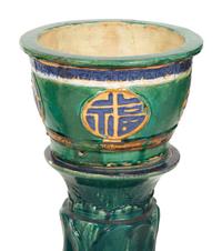 A Pair of Italian Glazed Terracotta Jardinières on Pedestals