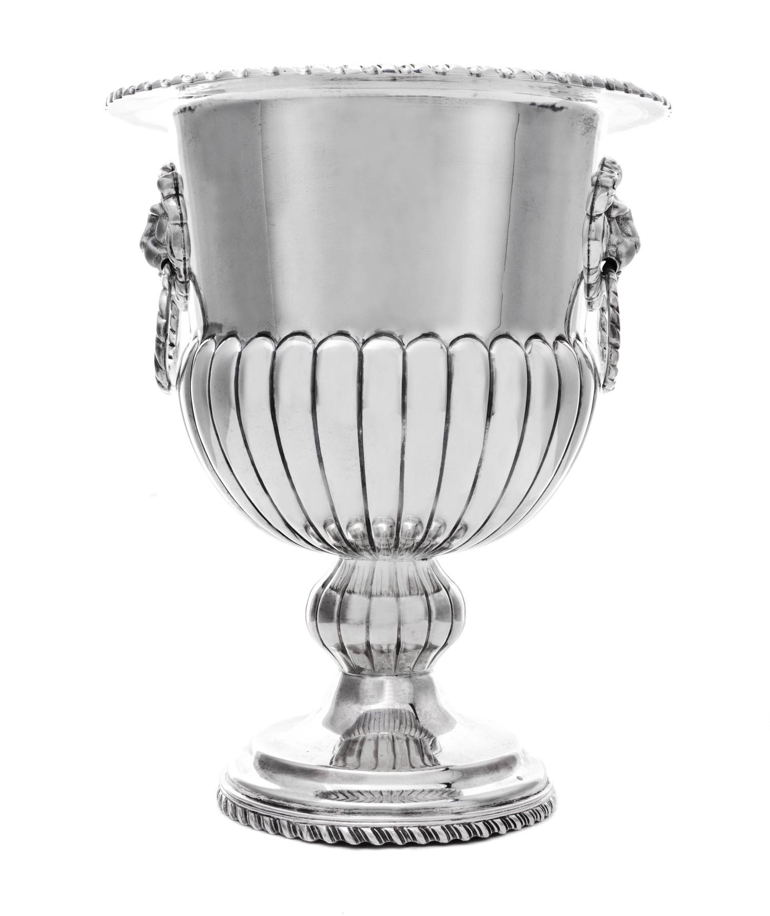 A Mexican Silver Wine Cooler, Maker's Mark CAF, Mid-20th Century, of campagna form with a gadrooned lower body and applied gadrooned ri