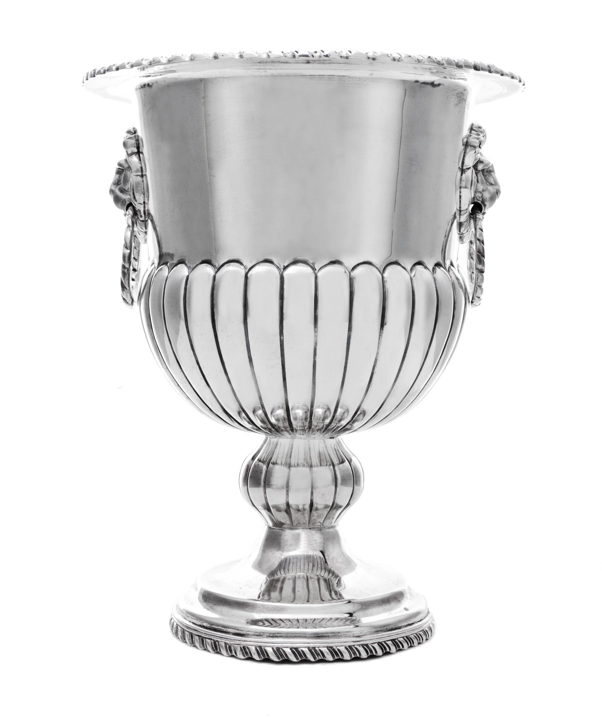 A Mexican Silver Wine Cooler, Maker's Mark CAF, Mid-20th Century, of campagna form with a gadrooned lower body and applied gadrooned ri