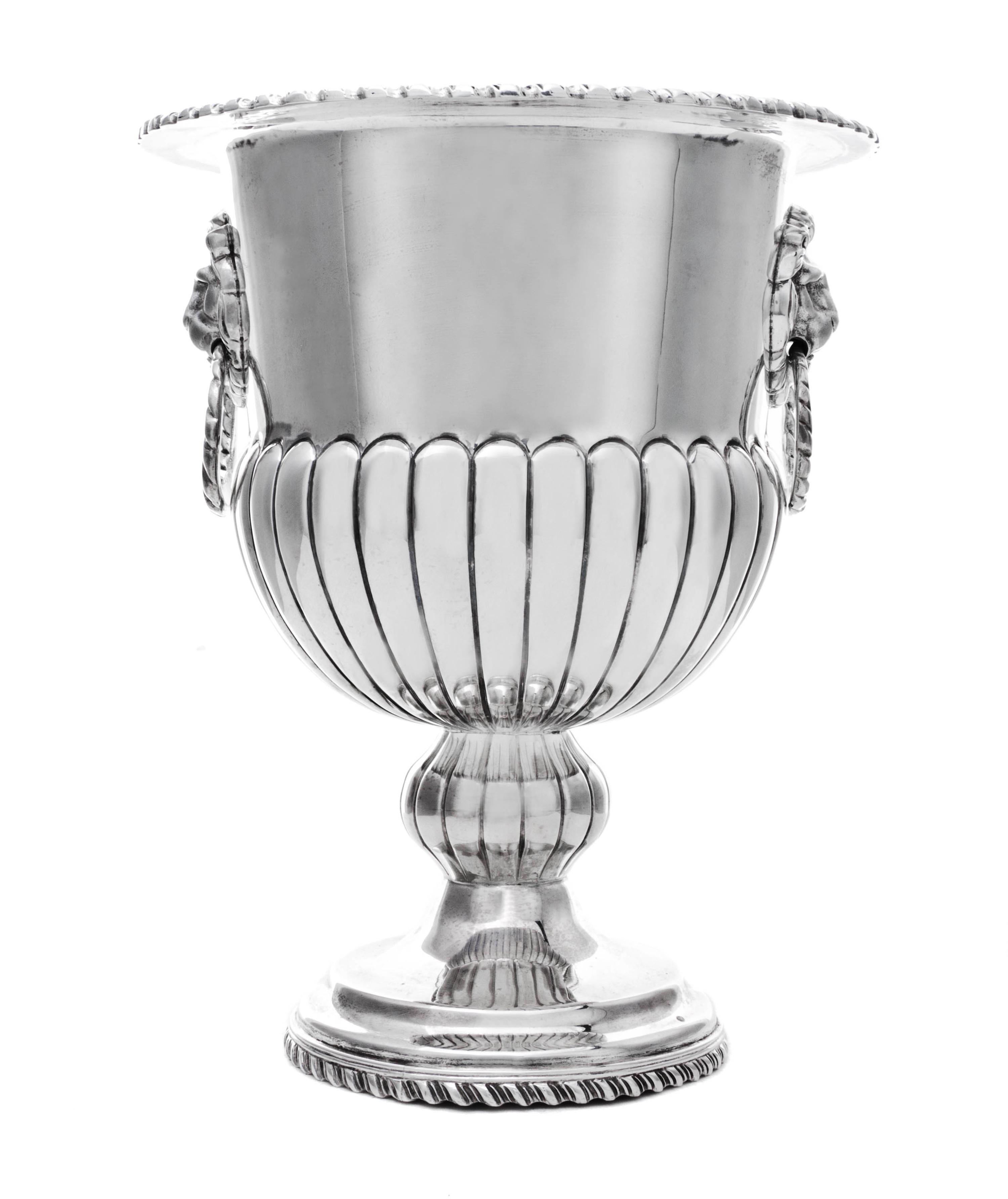 A Mexican Silver Wine Cooler, Maker's Mark CAF, Mid-20th Century, of campagna form with a gadrooned lower body and applied gadrooned ri