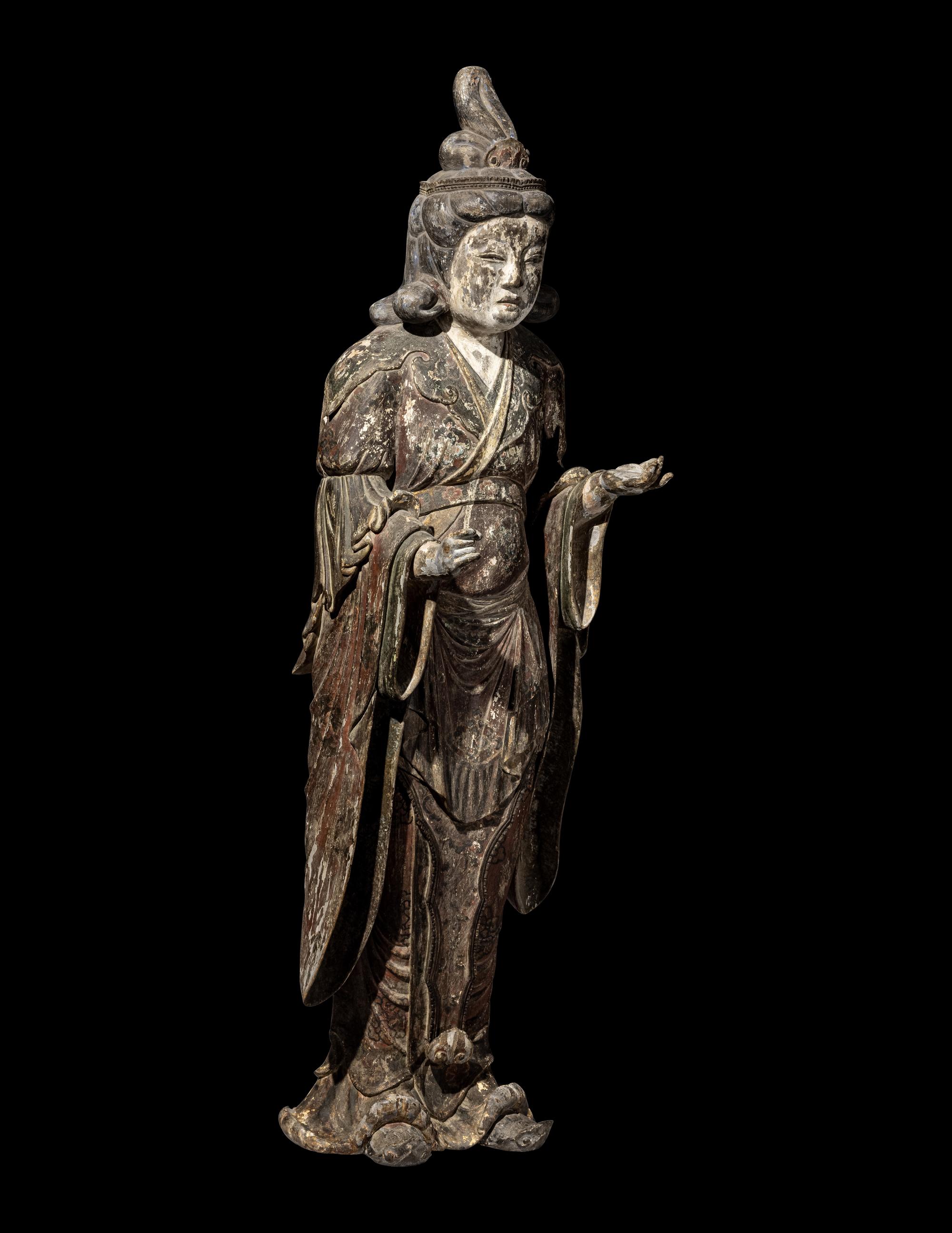 A Japanese Carved Wood Figure of a Bodhisattva