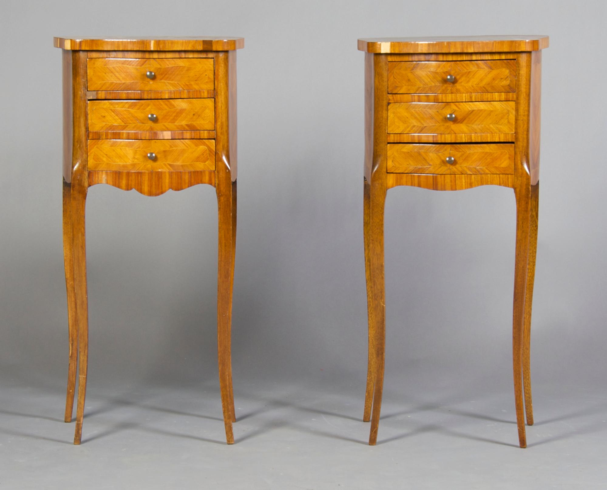 A Pair of Louis XVI Style Parquetry Diminutive Commodes, Height 28 3/4 x width 14 1/4 x depth 11 inches.