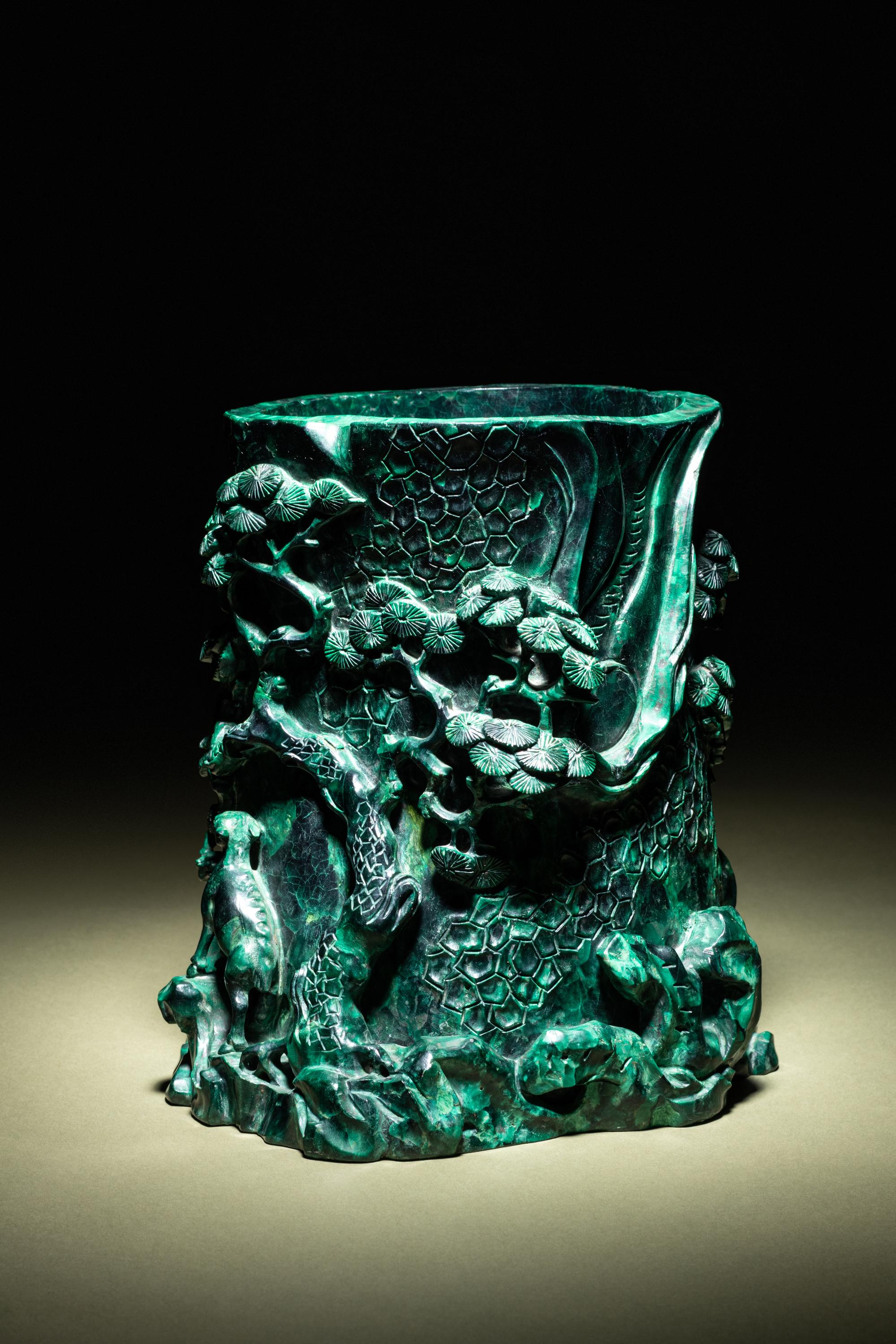A Carved Malachite Brush Pot, Bitong