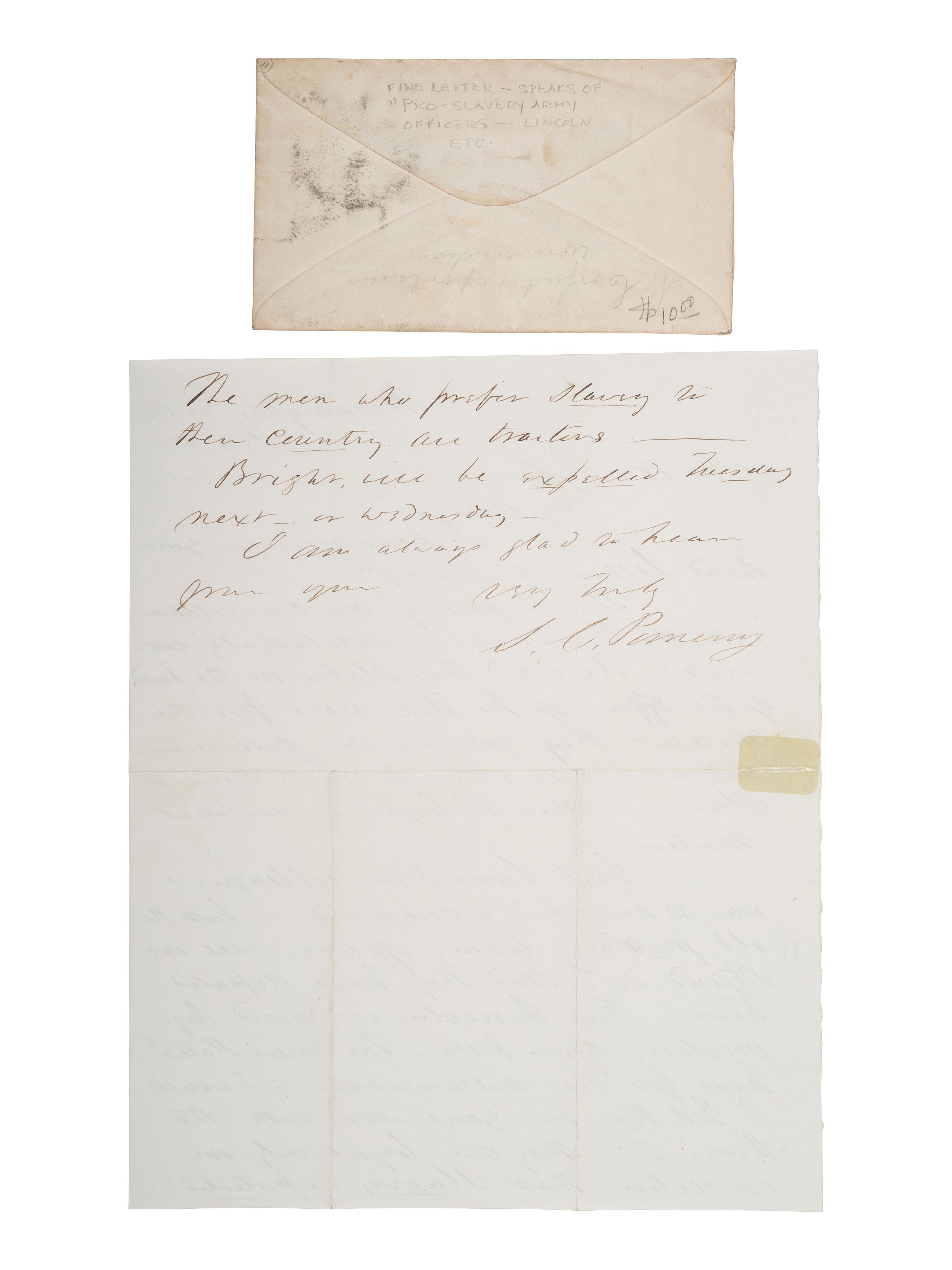 [ENSLAVEMENT]. POMEROY, Samuel C. (1816-1891). ALS re: a conversation with Lincoln about slaves.