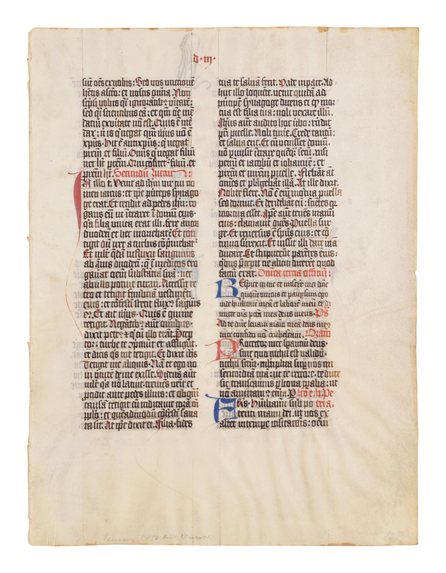 [BOOK OF HOURS]. A group of 25 leaves from medieval and renaissance manuscripts and printed books, including 5 or more from Otto Ege’s Fifty Original Leaves from Medieval Manuscripts. Western Europe: XII-XVI Century [compiled Cleveland, c.1950] and Original Leaves from Famous Bibles: Nine Centuries, 1121-1935 A.D [Compiled Cleveland, c.1950]. Various sizes, including:
