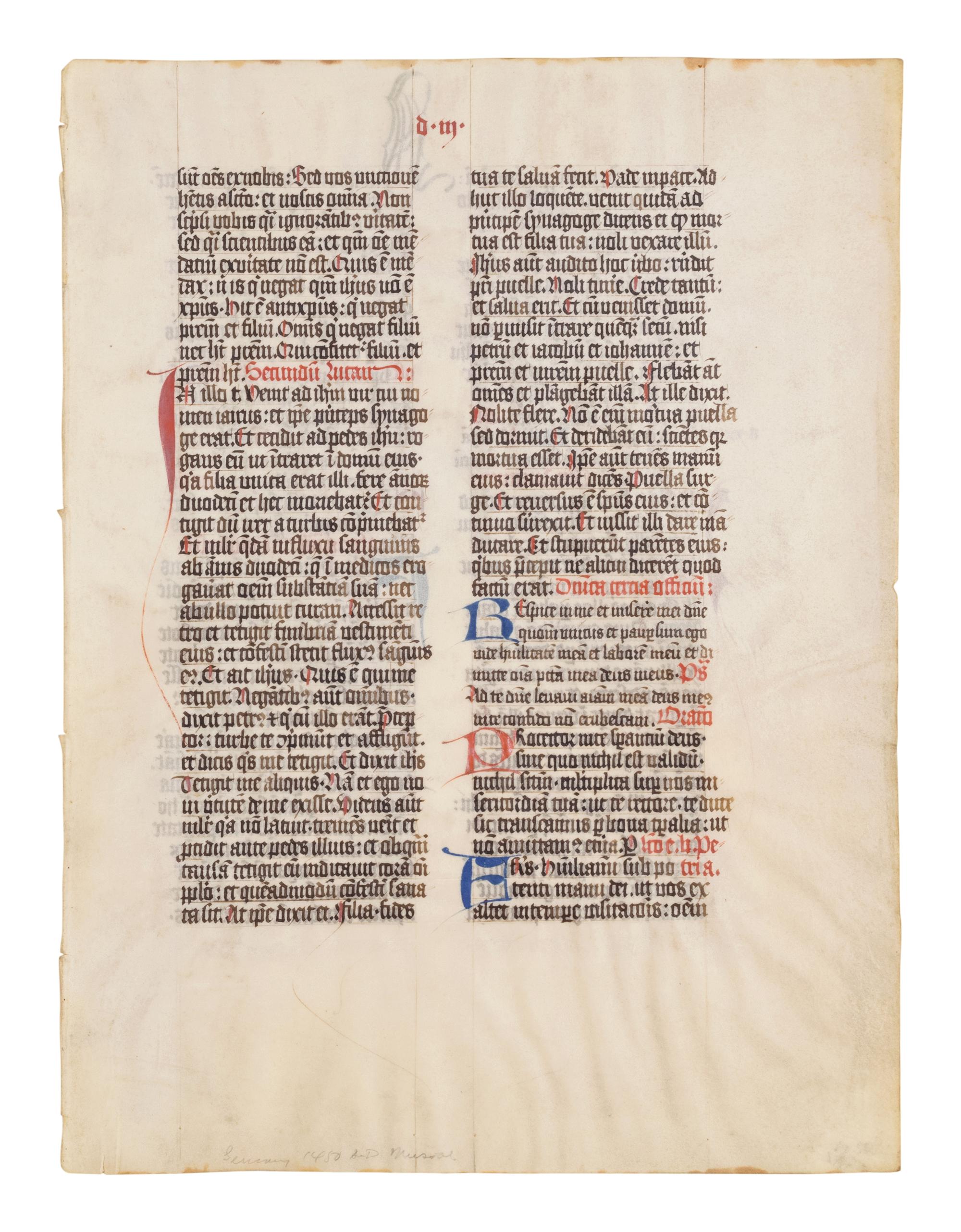[BOOK OF HOURS]. A group of 25 leaves from medieval and renaissance manuscripts and printed books, including 5 or more from Otto Ege’s Fifty Original Leaves from Medieval Manuscripts. Western Europe: XII-XVI Century [compiled Cleveland, c.1950] and Original Leaves from Famous Bibles: Nine Centuries, 1121-1935 A.D [Compiled Cleveland, c.1950]. Various sizes, including: