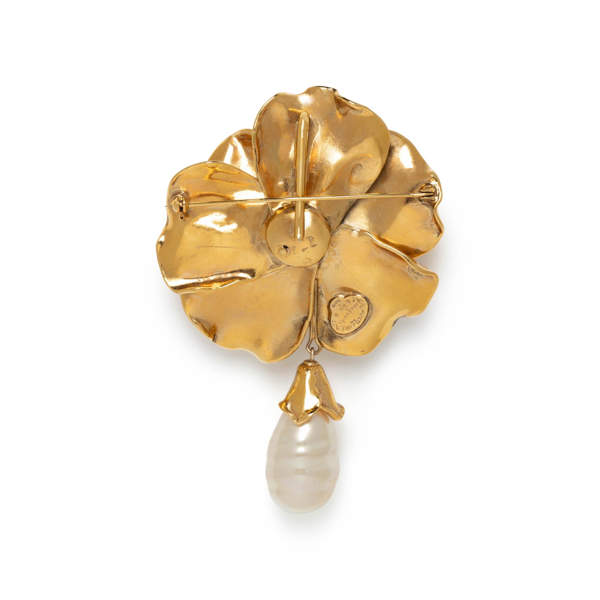 Robert Goossens, Yves Saint Laurent; Large Floral Brooch with Hanging Pearl Bead
