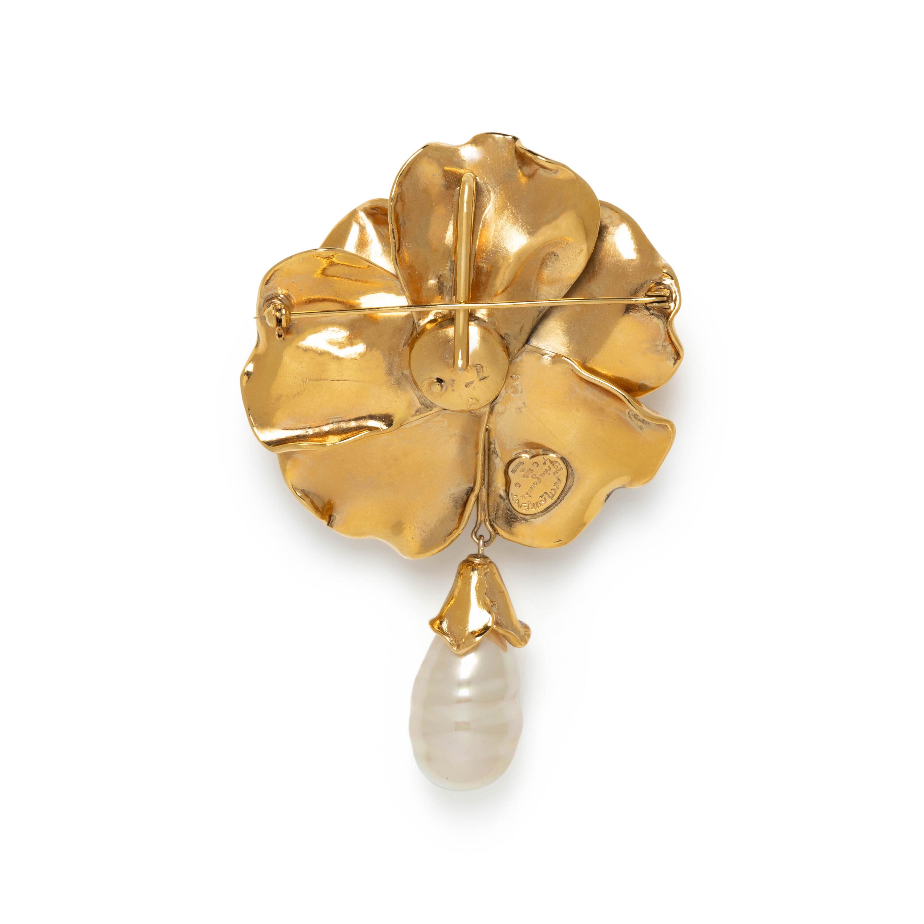 Robert Goossens, Yves Saint Laurent; Large Floral Brooch with Hanging Pearl Bead