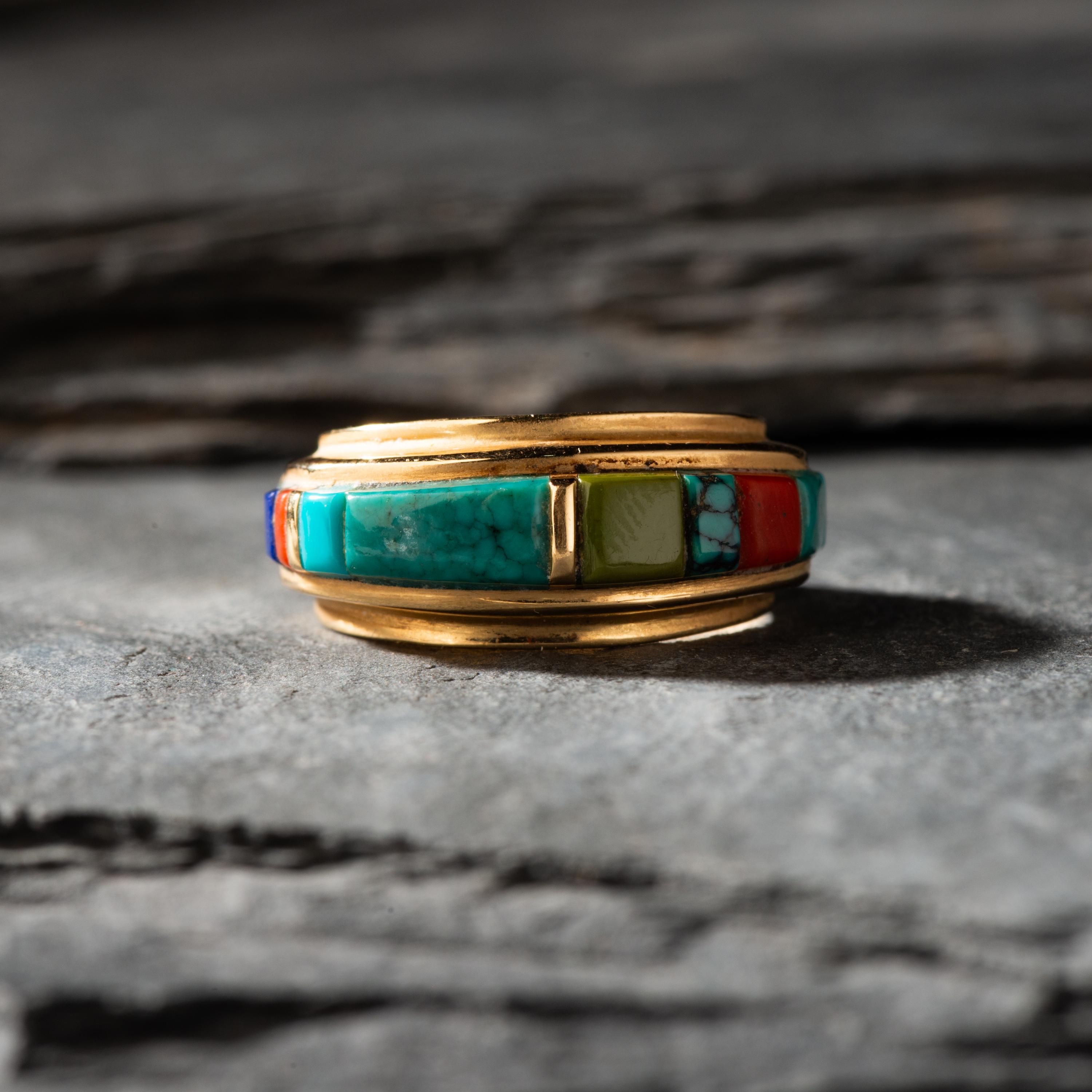 Verma Nequatewa, Sonwai (Hopi, b. 1949) — 18K Gold and Cobblestone Inlay Ring