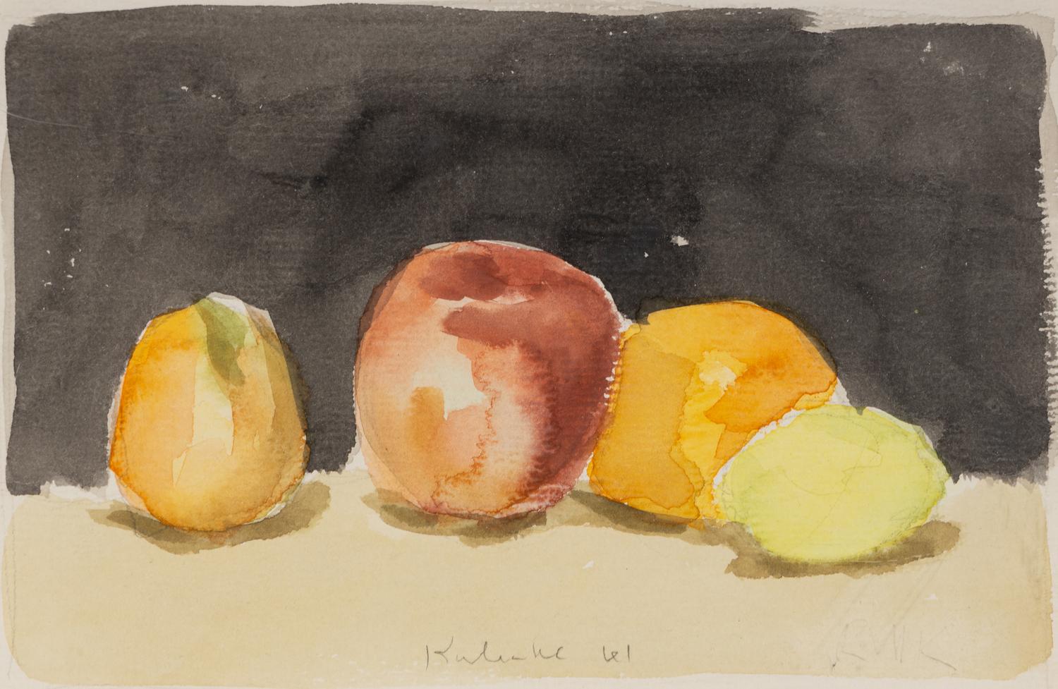 Fruit with Black Background and Green Pear and Red Apple (Two Works), 1961