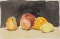 Fruit with Black Background and Green Pear and Red Apple (Two Works), 1961