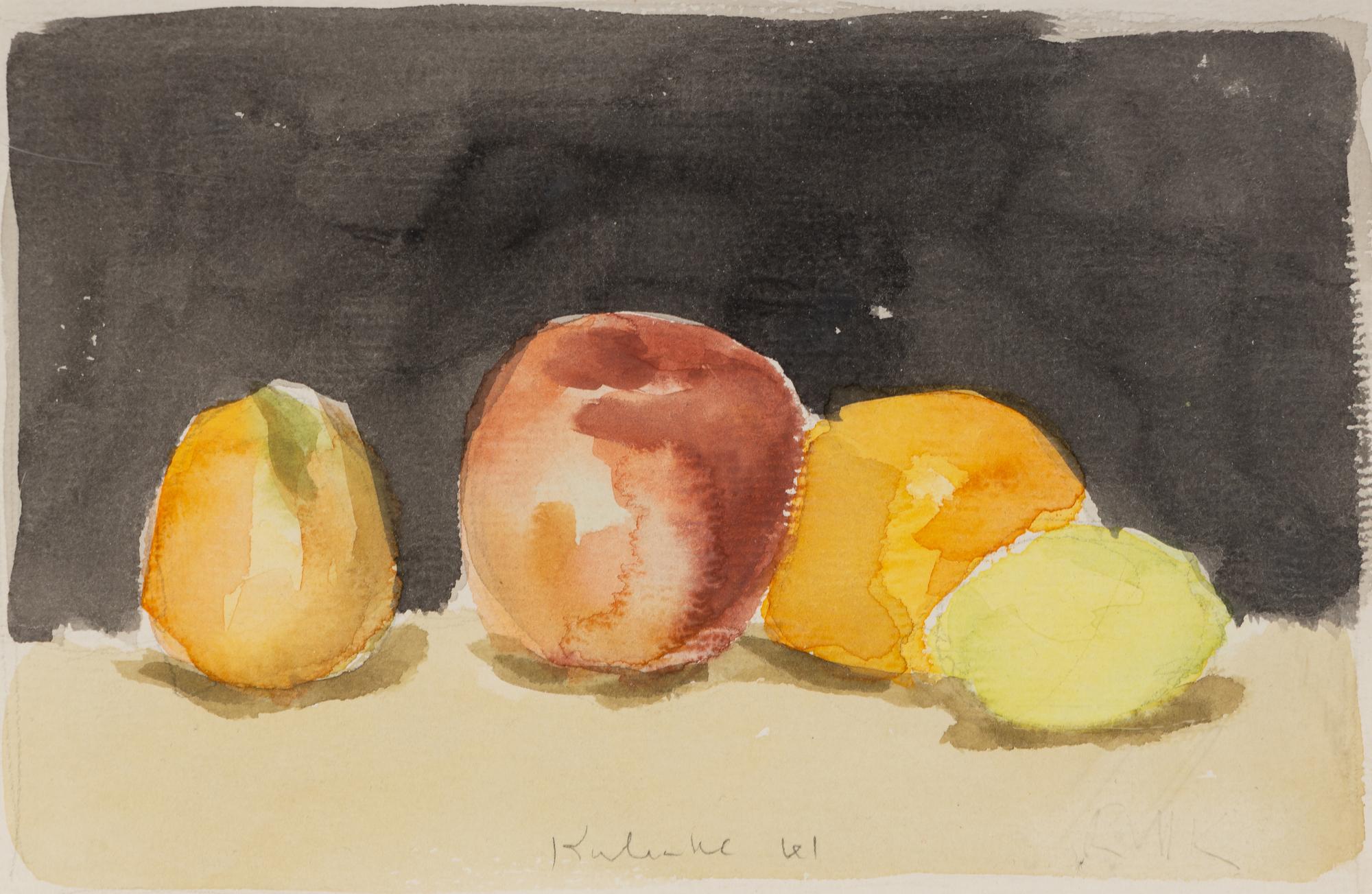 Fruit with Black Background and Green Pear and Red Apple (Two Works), 1961