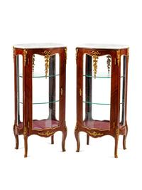A Pair of Louis XV Style Gilt Bronze Mounted Marble-Top Vitrine Cabinets