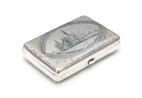 A Russian Niello Silver Cigarette Case, Maker's Mark CEC, Early 20th Century, the lid centered by a Slavic town scene, the underside wi