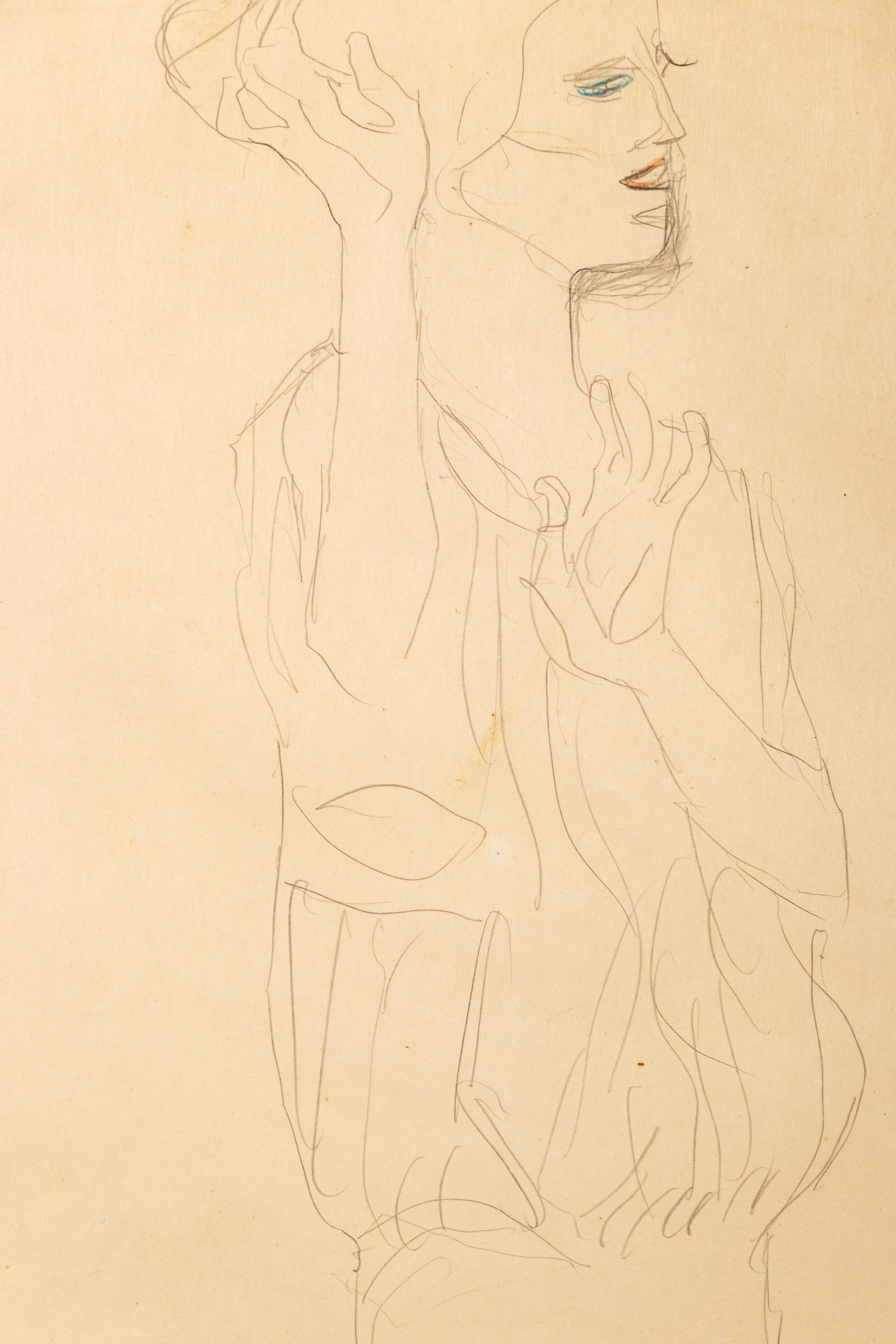 Untitled (Standing, forearms raised, facing right)