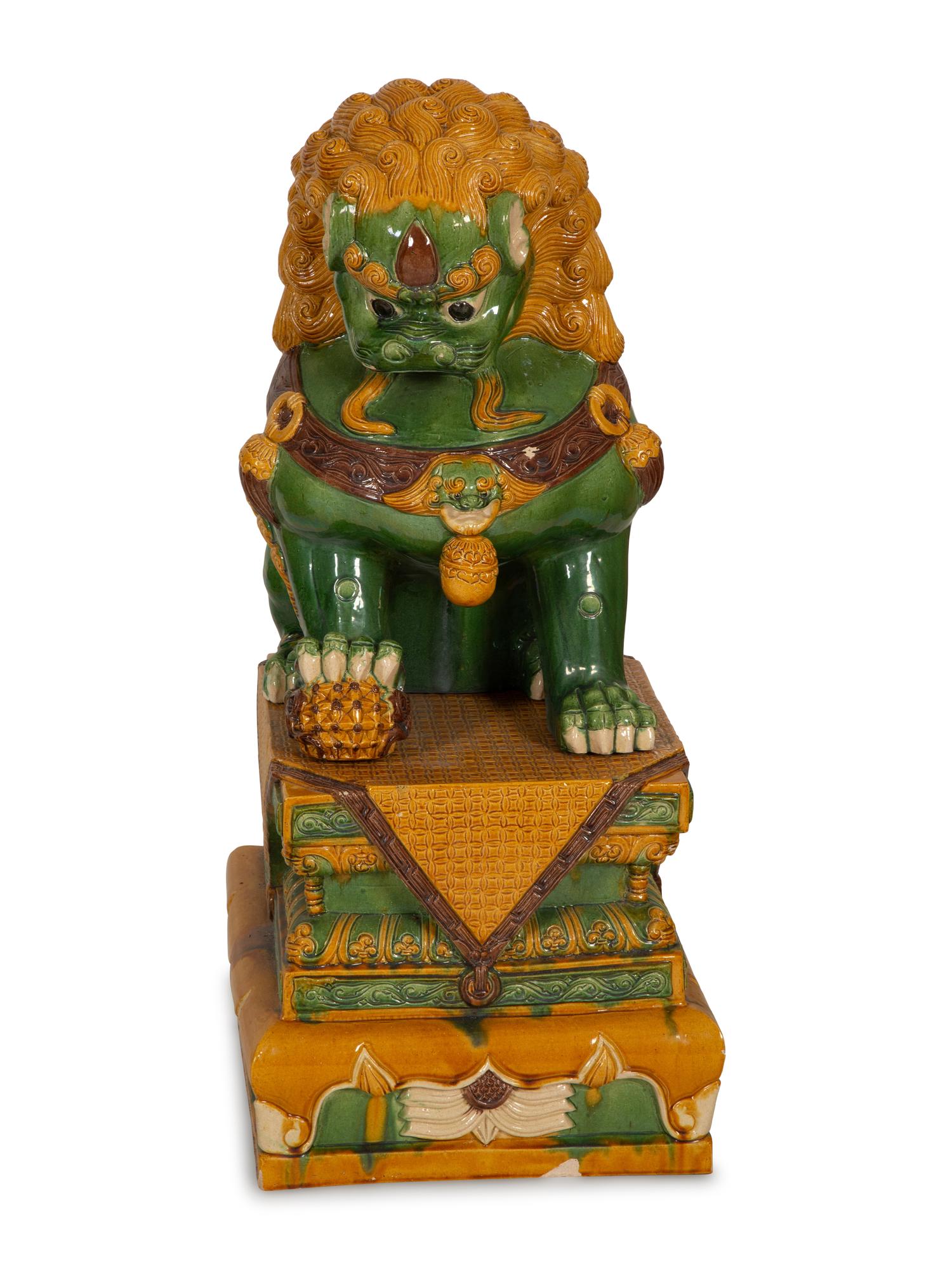 A Large Pair of Sançai-Glazed Porcelain Guardian Lions