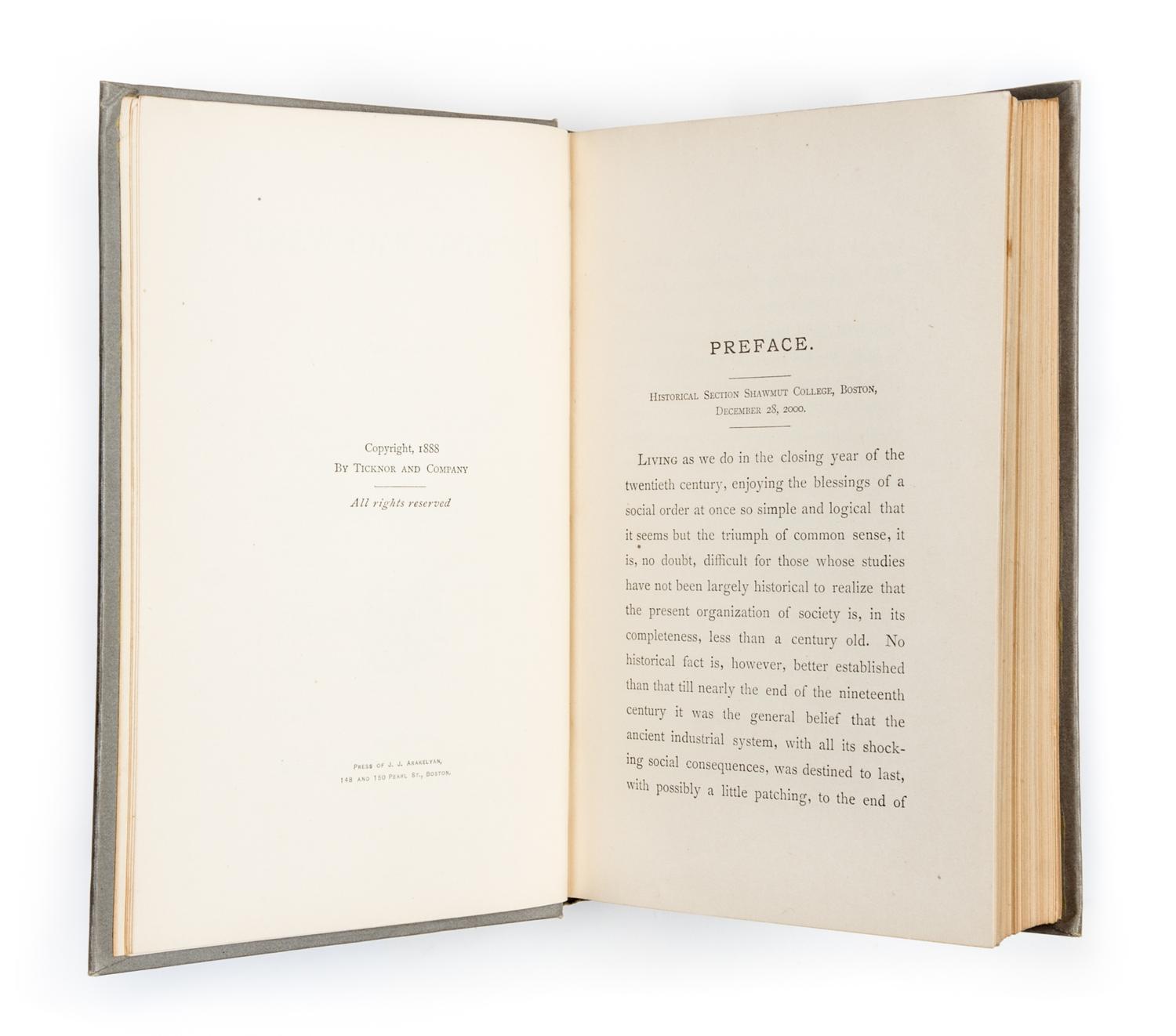 BELLAMY, EDWARD. Looking Backward: 2000-1887. Boston, 1888. First edition.