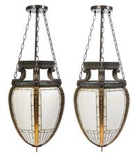 A Pair of Large Gilt Bronze and Glass Hanging Lanterns Height approximately 50 inches.