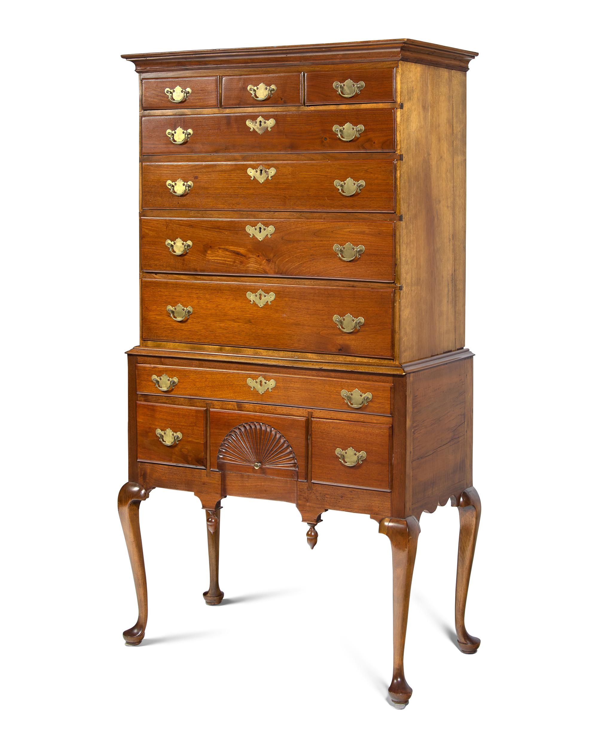 A Queen Anne Carved Walnut Flat-Top High Chest Of Drawers