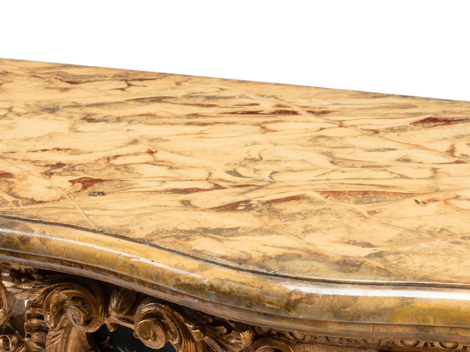 A Pair of Italian Pietra Dura-Inset Giltwood and Faux Marble-Top Console Tables