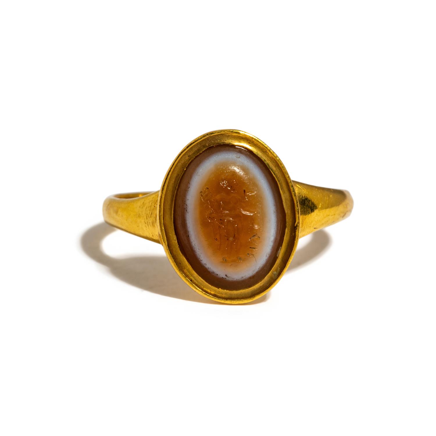 A Roman Banded-Agate Ring Stone with the God Mercury — Set in a gold ring