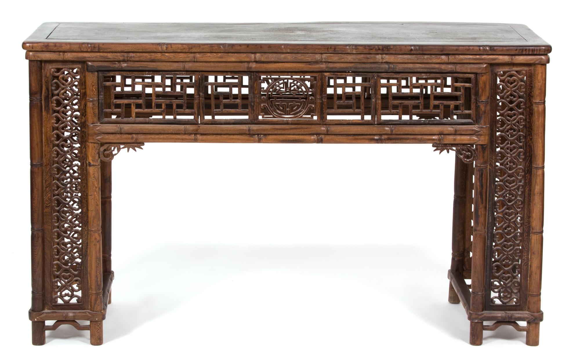 A Chinese Carved Elmwood Console Table Height 35 x width 58 x depth 18 3/4 inches. — 19TH CENTURY