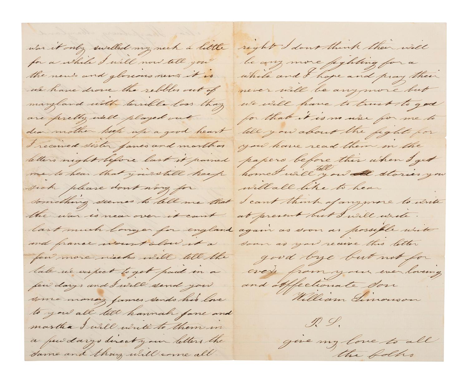 [CIVIL WAR]. Soldier's letter describing a "narrow escape" from death. "Near Sharpsburg Maryland," 20 September 1862.