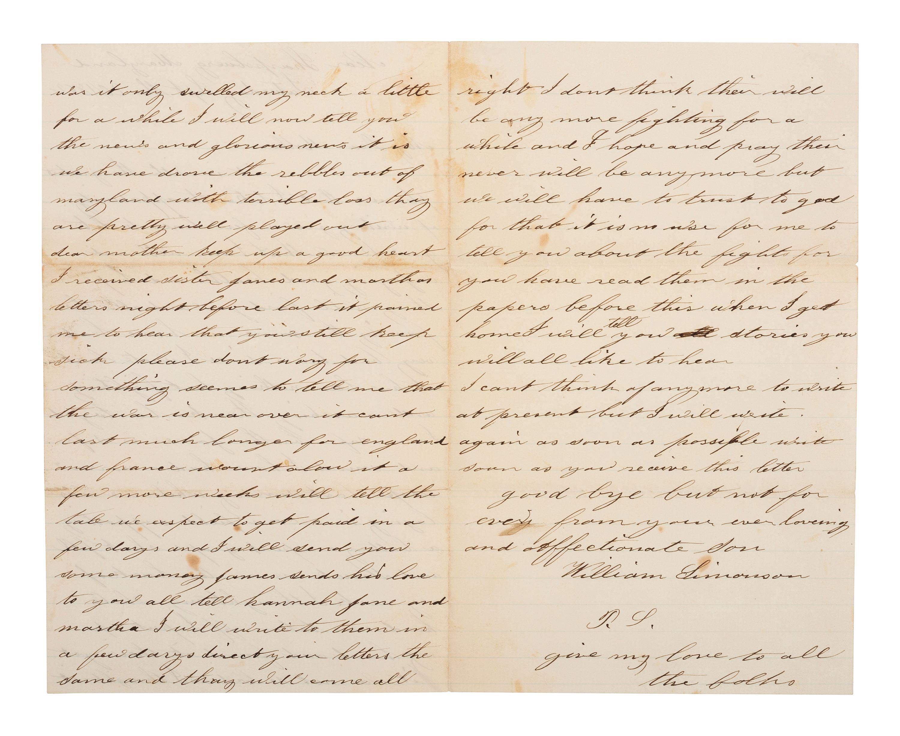 [CIVIL WAR]. Soldier's letter describing a "narrow escape" from death. "Near Sharpsburg Maryland," 20 September 1862.