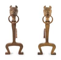 A Pair of Continental Brass and Iron Figural Andirons