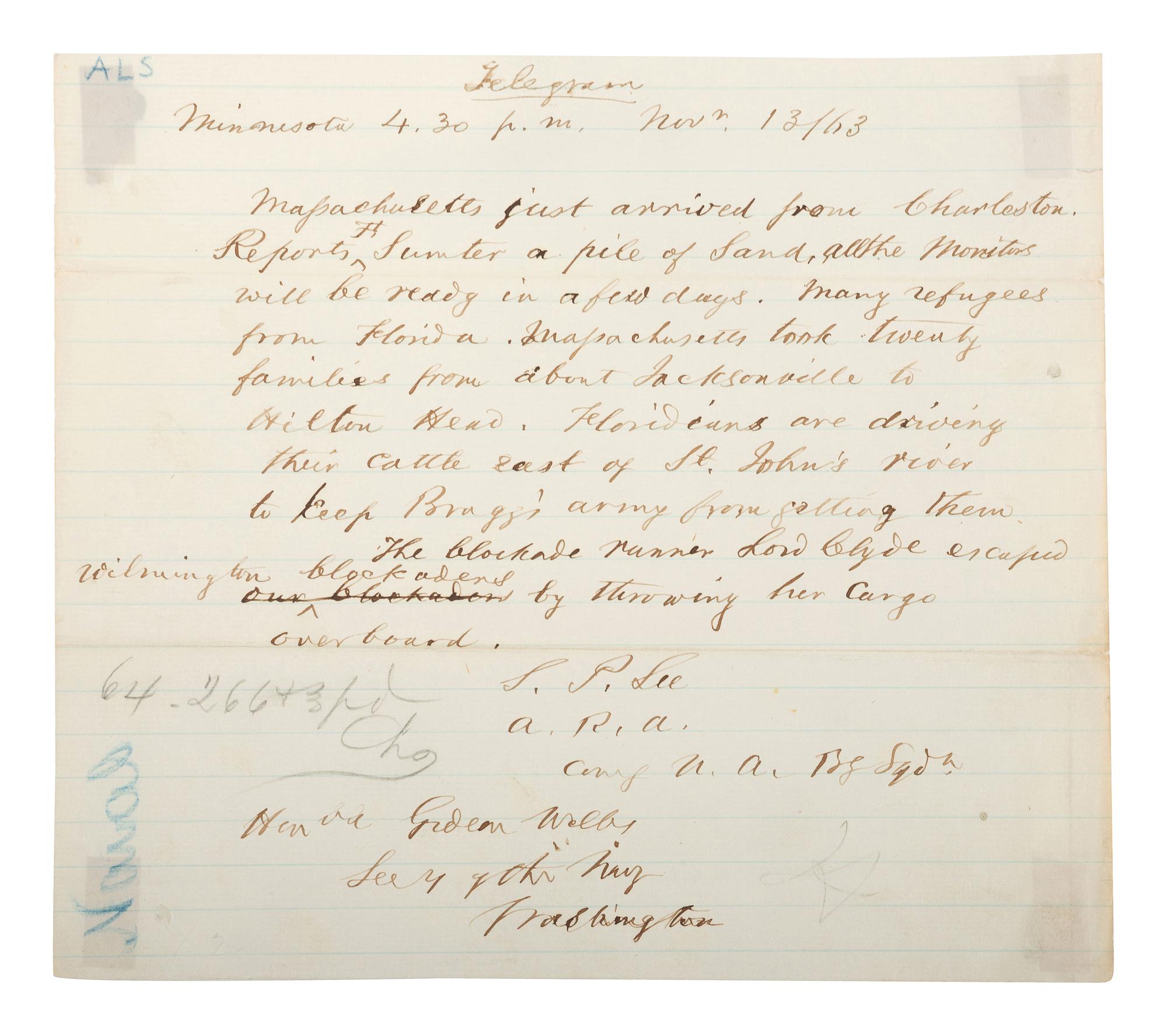 [CIVIL WAR - US NAVY]. LEE, Samuel Phillips (1812-1897). A group of 7 documents related to Rear Admiral Samuel P. Lee, incl. Vicksburg content and preparations for the Battle of Nashville.